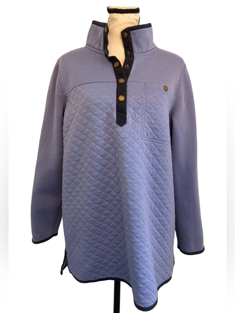 L.L.Bean Quilted Pullover Snap Neck Sweatshirt Blue Large Regular